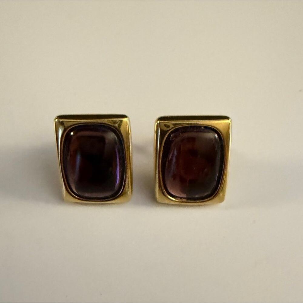 Vintage Gold Tone Purple Cabochon Stud Earrings Square Geometric Posts
